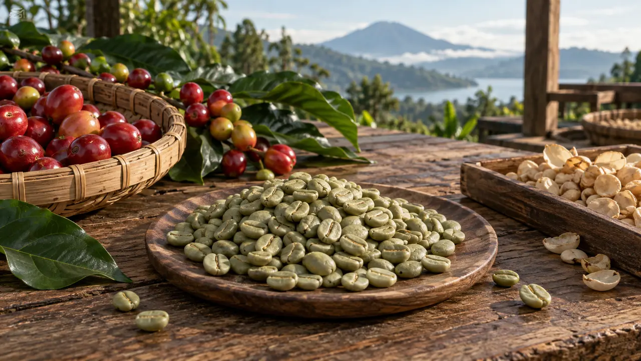 Green coffee bean bersama buah kopi dan parchment