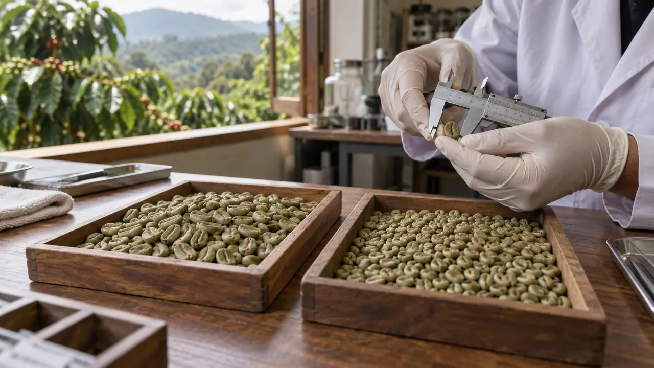 Perbandingan green bean Arabika dan Robusta yang sedang diperiksa
