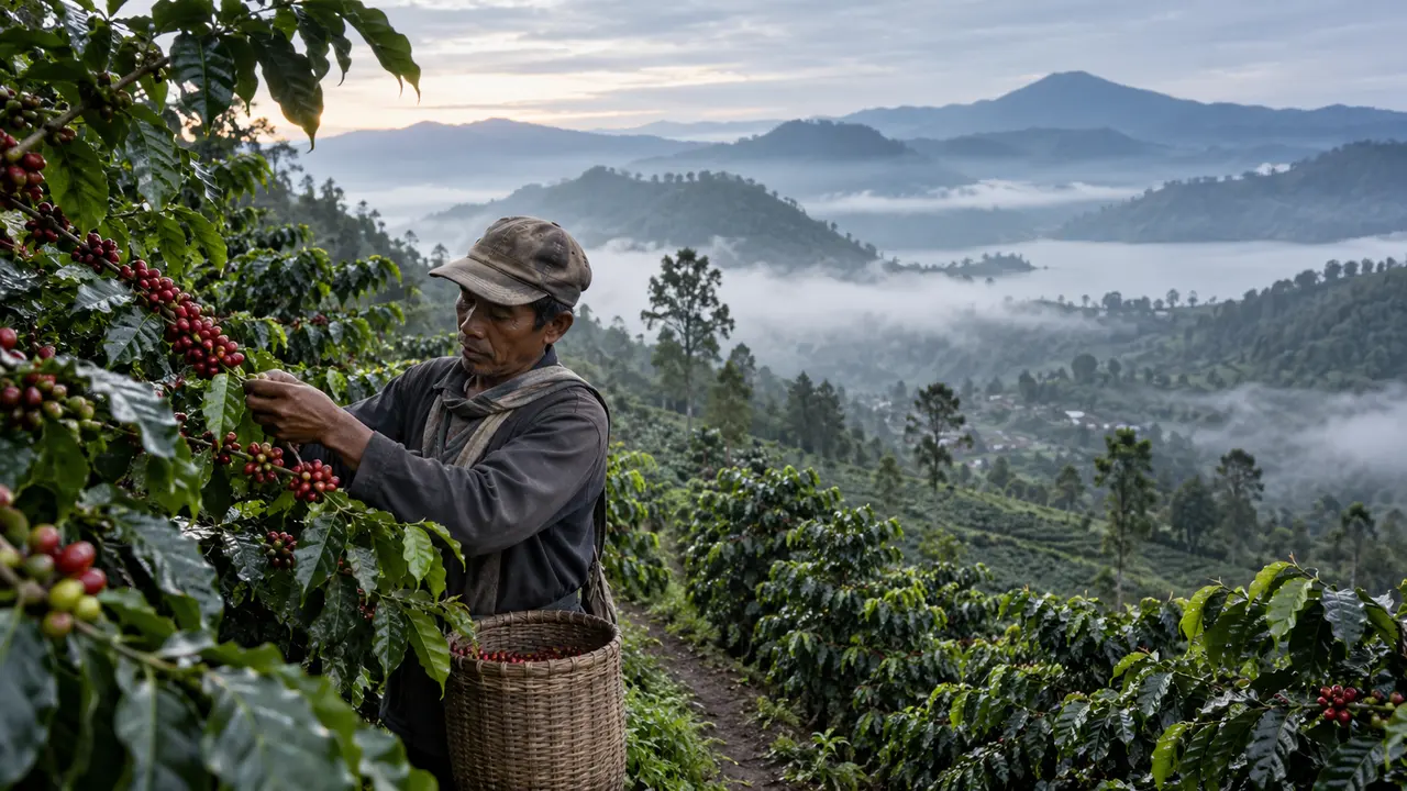 Petani memanen buah kopi di dataran tinggi Gayo