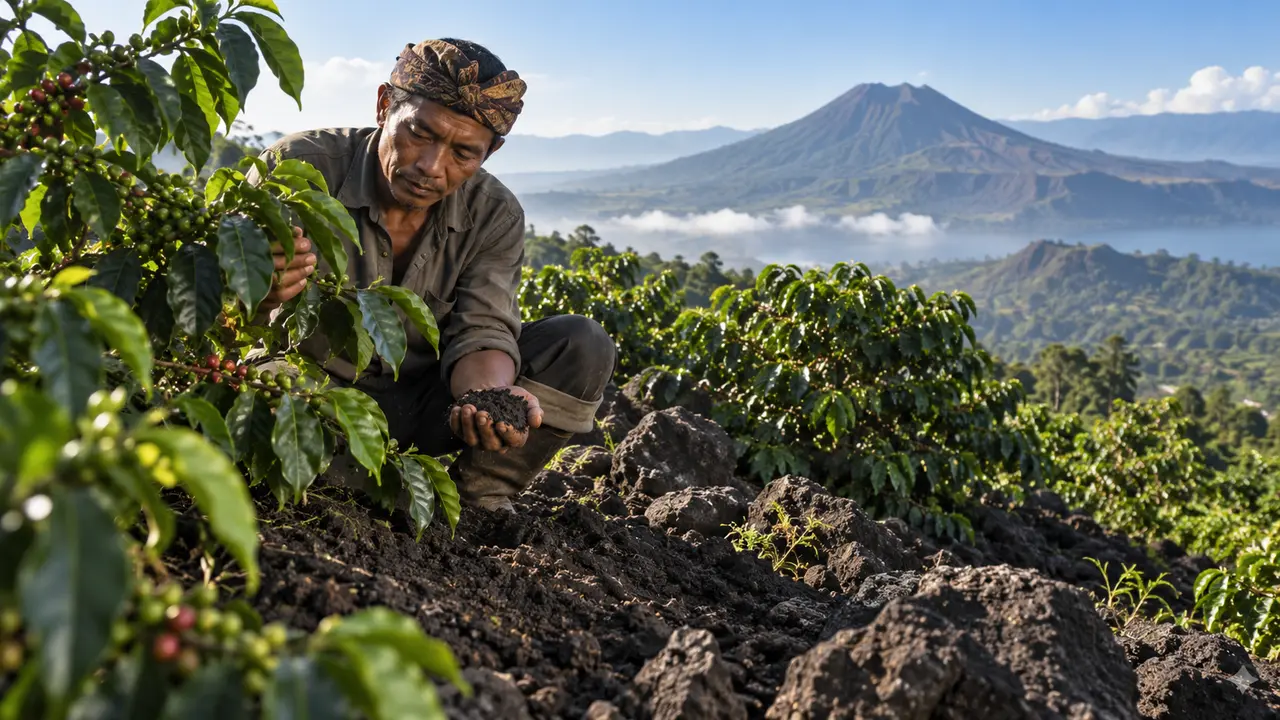 Petani memeriksa tanaman kopi di tanah vulkanik Kintamani