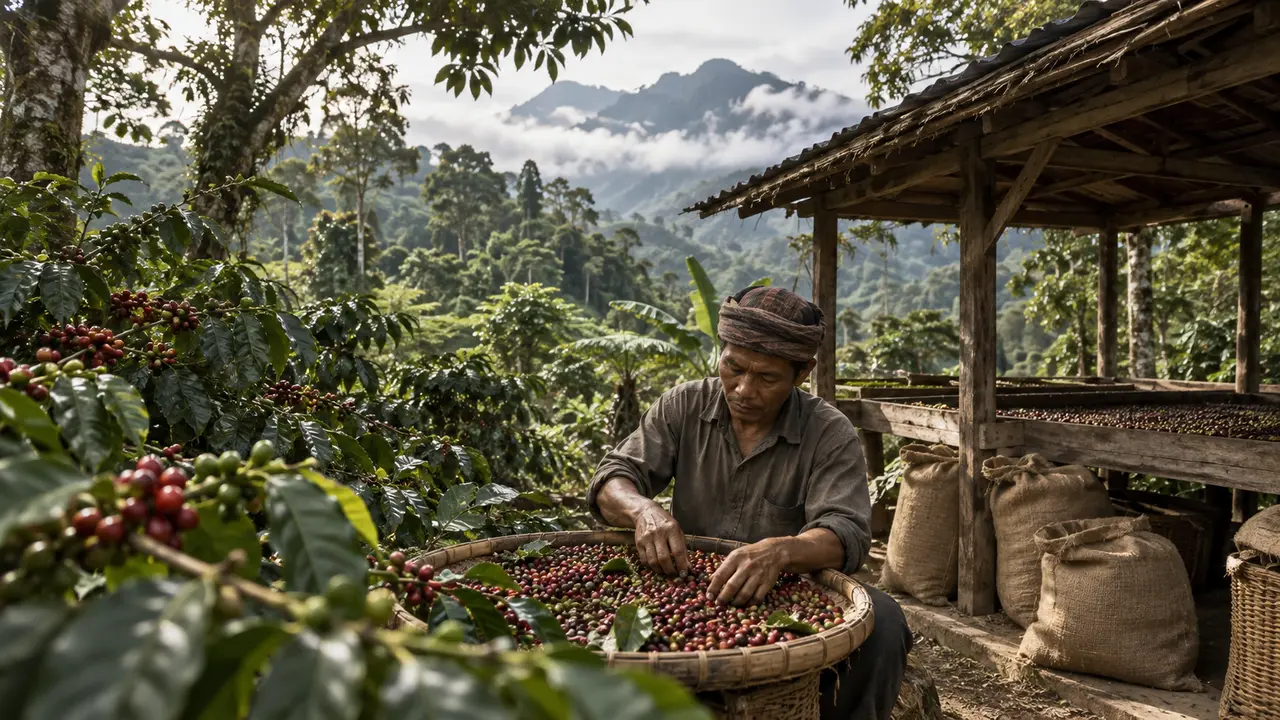 Petani menyortir hasil panen kopi di pegunungan Sumatra