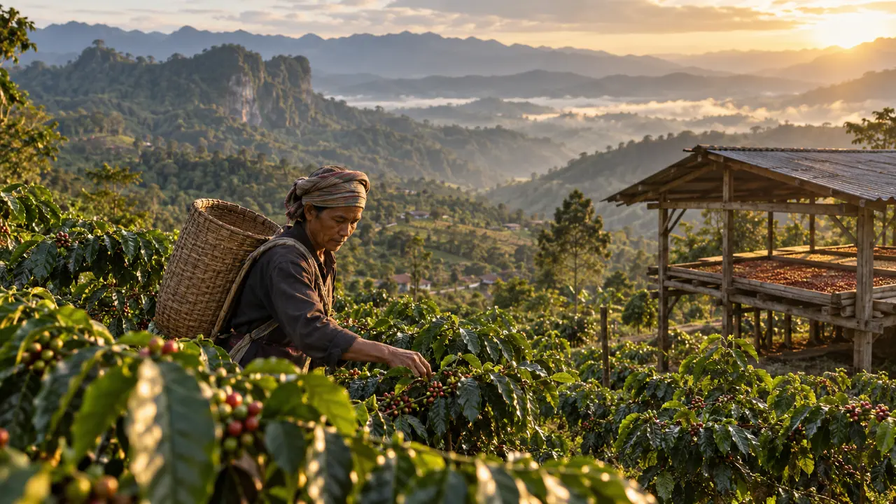 Petani memanen kopi di lanskap pegunungan Toraja