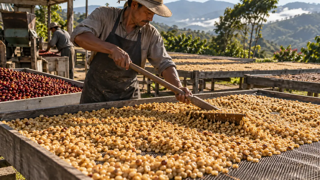 Biji kopi dengan lendir yang masih menempel dalam honey process
