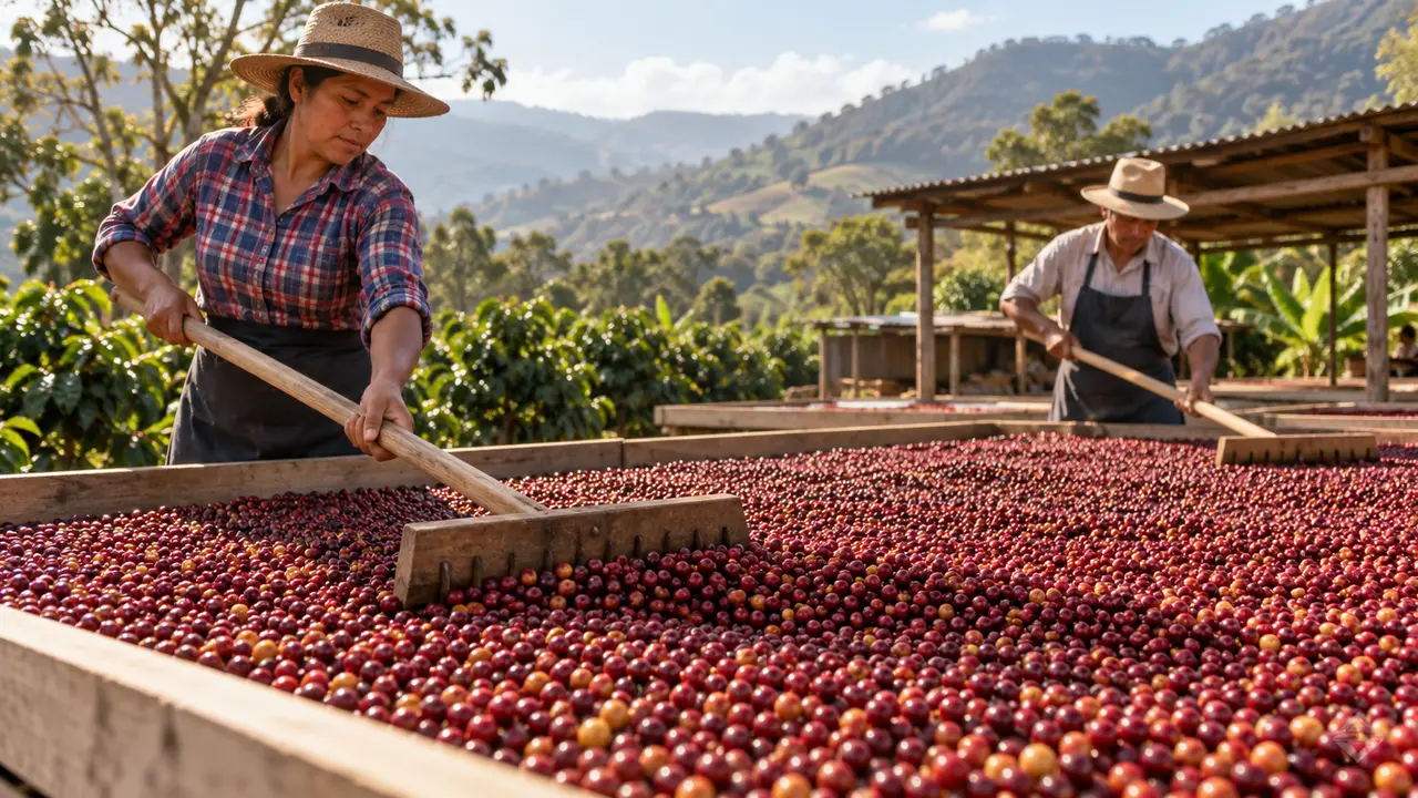 Buah kopi utuh yang dikeringkan dalam natural process
