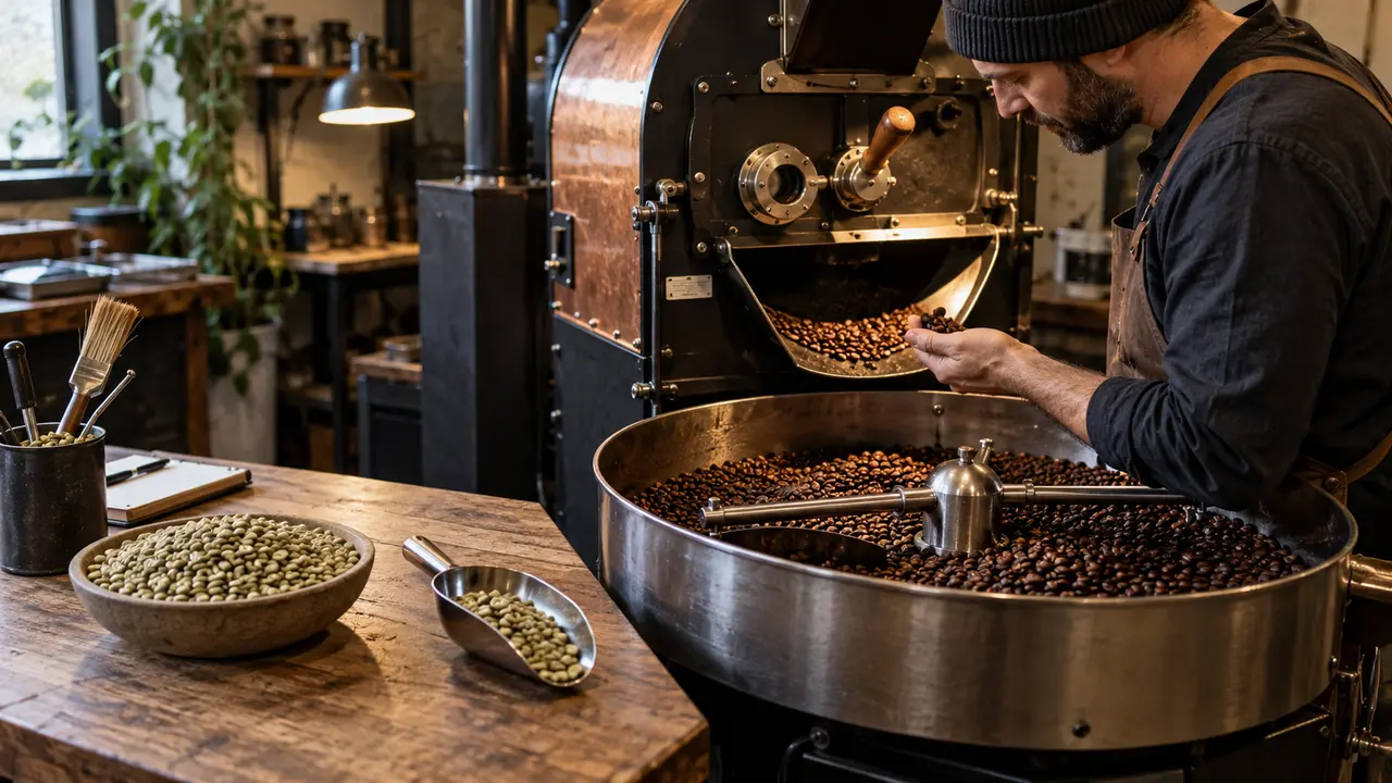 Perbandingan green bean dan kopi sangrai di mesin roasting