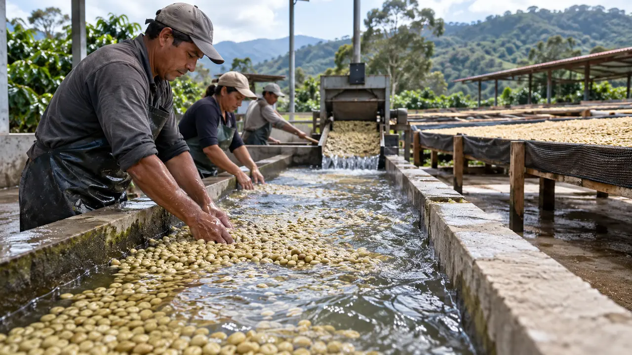 Biji kopi yang dicuci pada saluran air dalam washed process